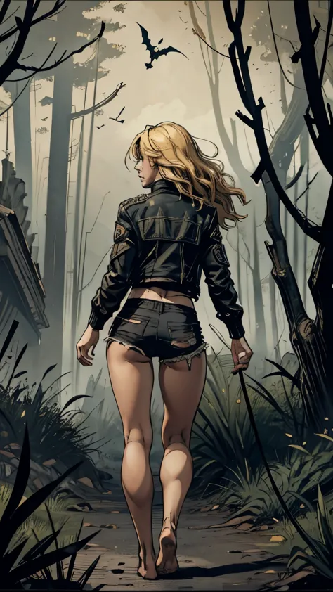 Caucasian woman, blonde hair, wavy hair, long hair, athletic body, (((torn black shorts))), (((torn black jacket))), (((walking ...