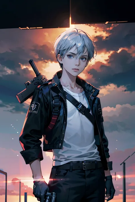 1 boy,(a 13 year old boy:1.5)、The protagonist in anime style、Cyberpunk boy、Outfit in black、silver hair、machine guns、hand gun、Blo...