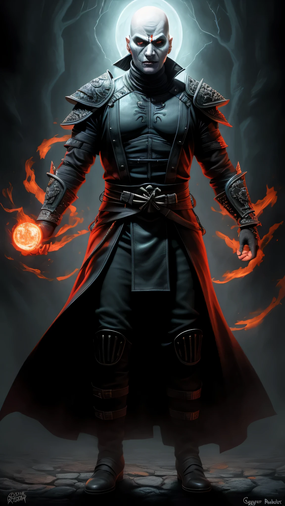 ((Mads Mikkelsen)) as ((Quan Chi)) from Mortal Kombat, solo, sorcerer and necromancer, bald head, pale skin, glowing red eyes, wears dark necromancer armor adorned with occult symbols, dark magic, highly detailed face, full body view, highly detailed face, intricate, high detail, sharp focus, dramatic, photorealistic painting art by greg rutkowski