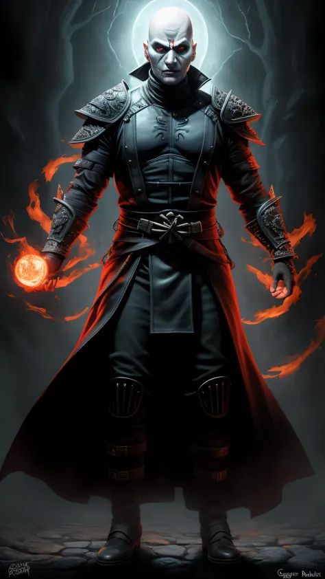 ((mads mikkelsen)) as quan chi from mortal kombat, solo, sorcerer and necromancer, bald head, pale skin, glowing red eyes, wears...