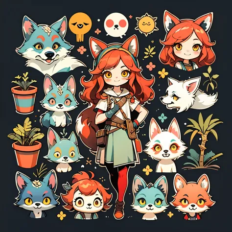 1 sticker, handbook, ( Wolf Girl, model, smile, fantasy clothing plant twigs, wolf ears on the head, long red hair, yellow eyes,...