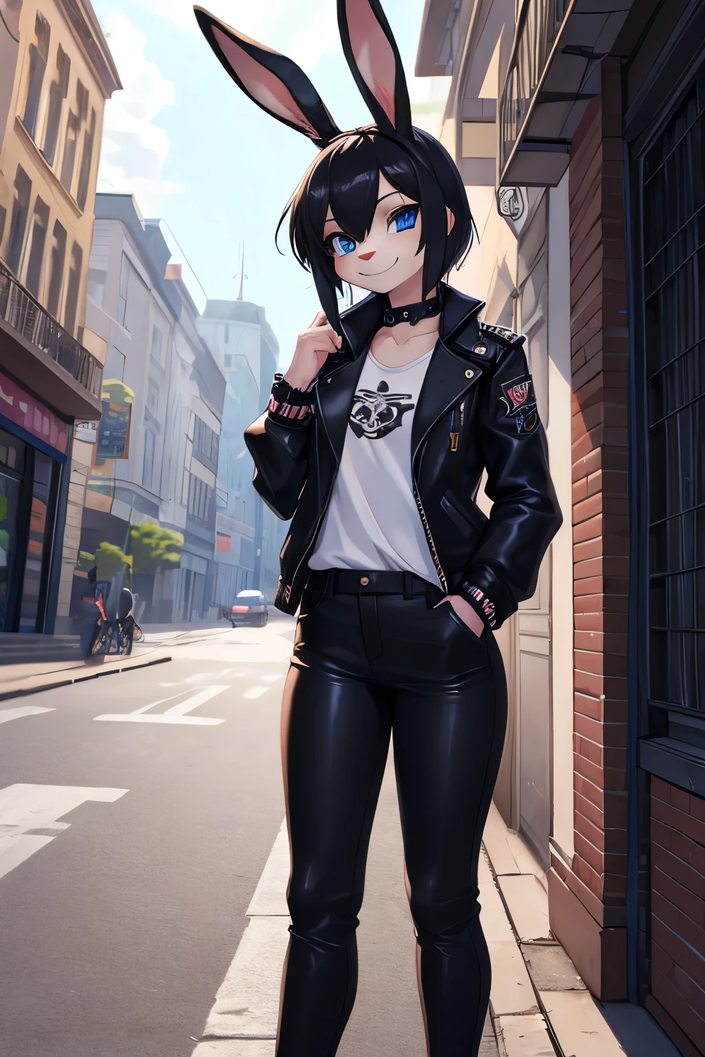 1girl, alone, masterpiece, young woman, furry, 2D, bunny, bunny ear, blue eyes, black hair, brown rabbit, bunny ear, corada, wearing black jacket, black pants, white shirt, punk style, smiling, in a street, looking atr viewer, 4k, masterpiece
