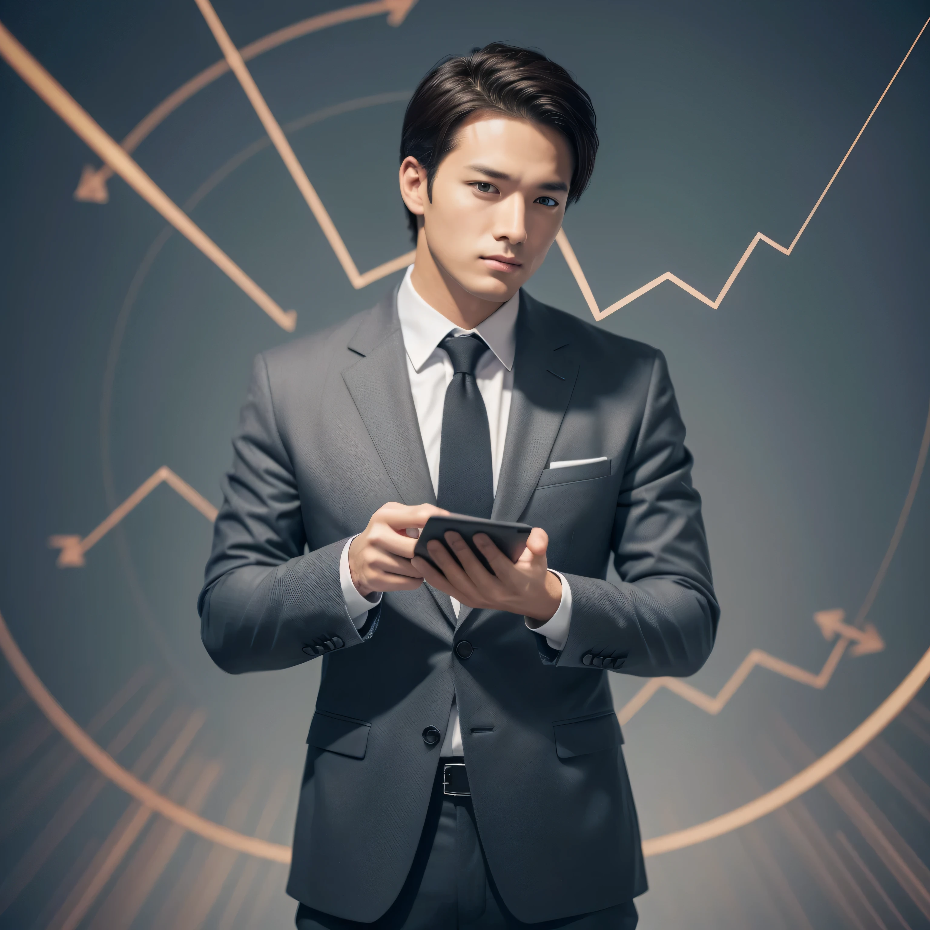 Businessman touching arrows and graph with arrows, High Quality Stock Photo, Close-up medium shot, arrive, Source of future growth, advanced technology, Medium close-up shots, upwards, photography, High-quality digital art, dark background, success, High quality product images", high resolution digital art, High-quality digital art, High-quality digital art, Background focus