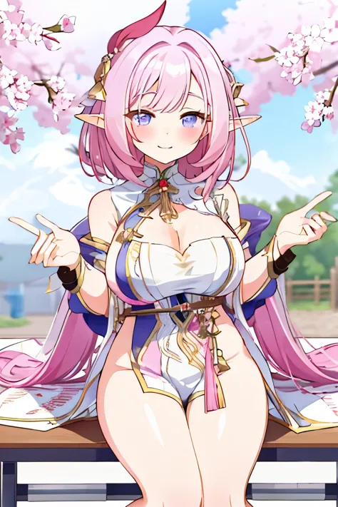 pink short hair，Smile，cute，elf ears，Spring Festival costumes，Image of school beauty with busty breasts。