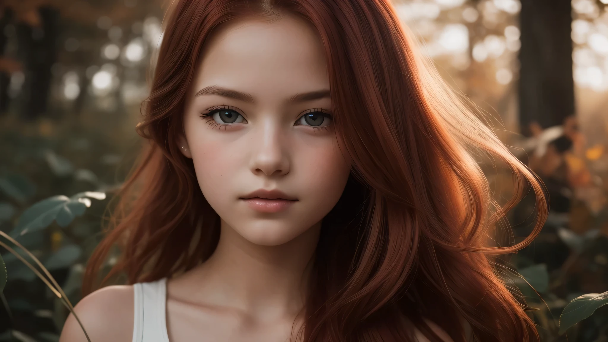 A close up of a woman with long red hair in a forest - SeaArt AI