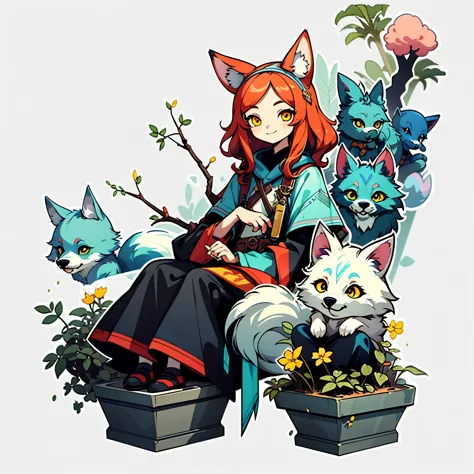 1 sticker, handbook, ( Wolf Girl, model, smile, fantasy clothing plant twigs, wolf ears on the head, long red hair, yellow eyes,...