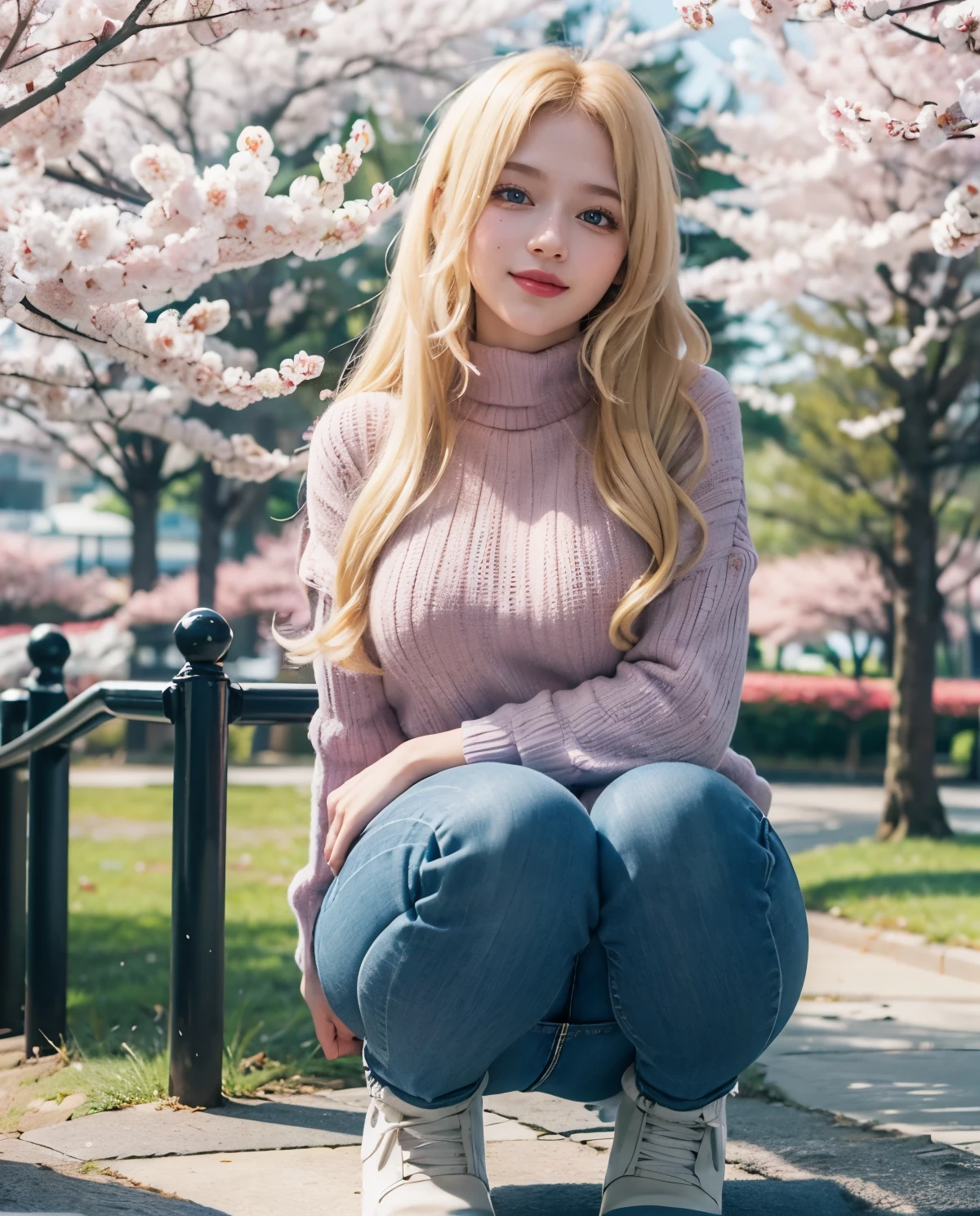 1girl, Blue eyes, (smile), (Sana Minatozaki), wide hips, Big , (big ass :1.1), (Best Quality, 8k, Masterpiece: 1.3), perfect hands, Clear Focus: 1.2, Perfect Body Beauty: 1.4, Highly detailed face and skin texture, detailed eyes, double eyelids, (blonde long hair), (fitted sweater), (jeans), squatting, looking to the camera, in a sakura park