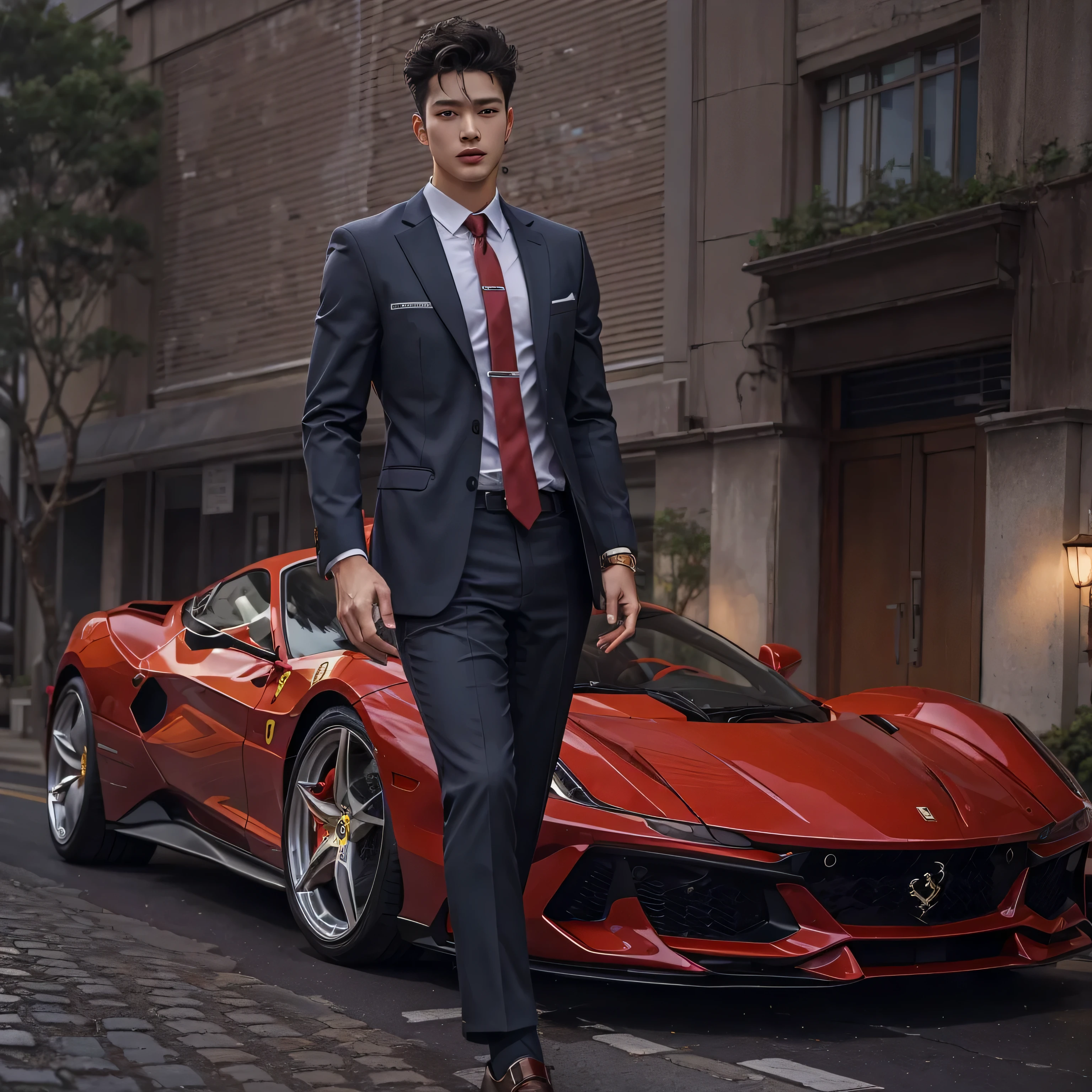 Korean male idol, 182cm tall, Fits well, wearing suit and tie, Extremely realistic, 8k gold color ferrari next to the car, Confidence of a successful person 