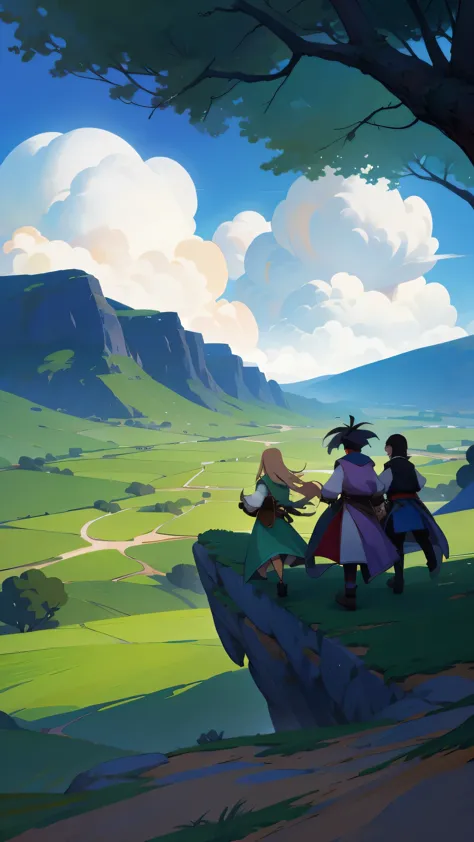 There is a cartoon picture，A man and a woman walking in the mountains, 2D concept art, RPG landscape, super giant game, Two-dimensional art, Two-dimensional art, 2d game fanart, game art!!, Magic fantasy 2D concept art, in an epic valley, Digital 2D Fantas...