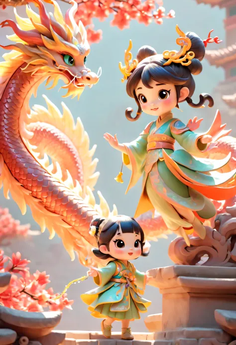 Spring Festival，Cute fairy in ancient costume，Playing Chinese dragon with girls，Xiangyun，背景是温馨的Spring Festival装饰，warm color pale...