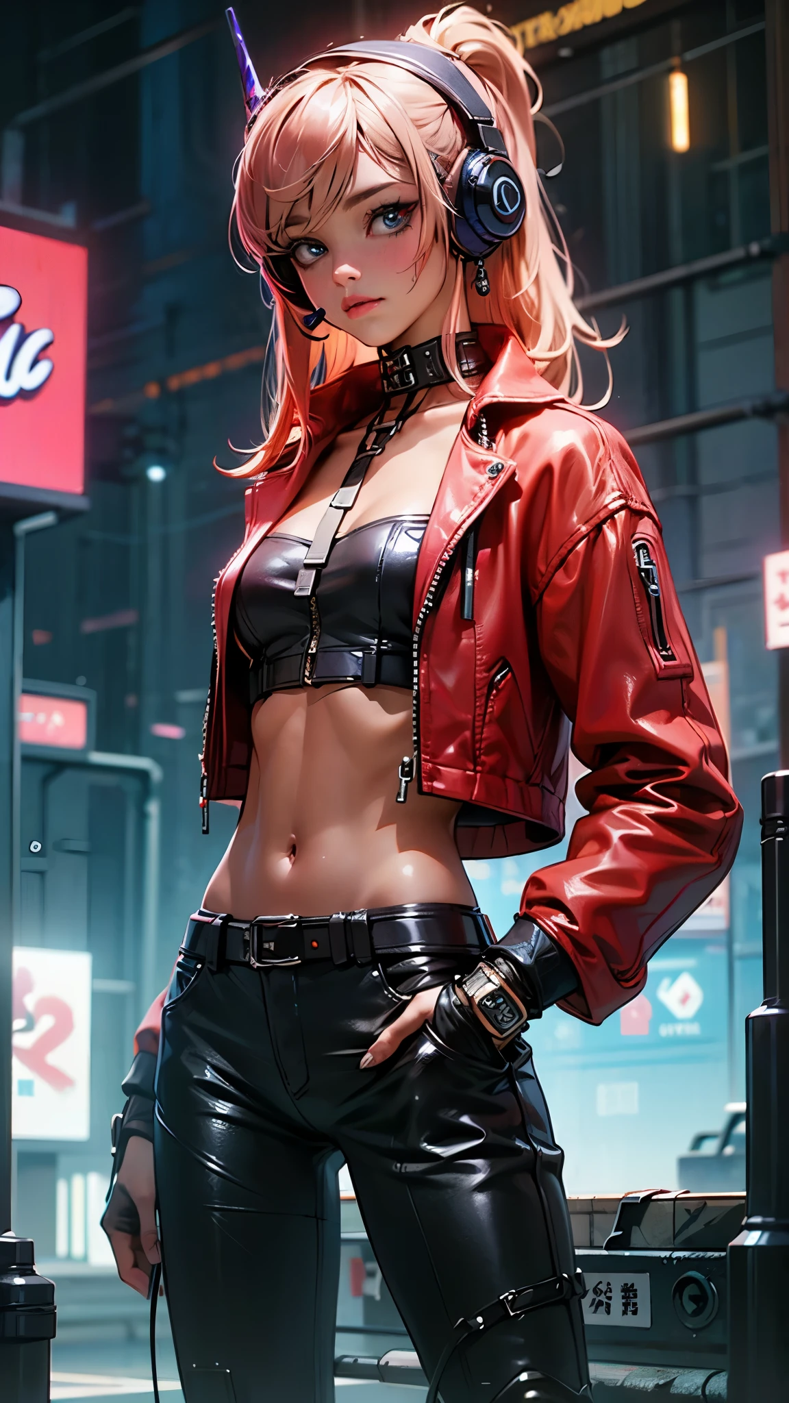 (La Best Quality,A high resolution,Ultra - detailed,actual),Ariana Grande  night city, rain, red leather jacket, hands in pockets, black clothes, black pants, Gothic Accessories, Spiked choker, red hair, blue eyes,(cowboy shot ),( cyberpunk 2.1 ),(Bluetooth headphones on the head:1.4) ,,More detailed 8K.unreal engine:1.4,UHD,La Best Quality:1.4, photorealistic:1.4, skin texture:1.4, masterpiece:1.8,first work, Best Quality,object object], (detailed face features:1.3),(The correct proportions),convex，(Detailed fingers)，(fishnet:1.4),(Beautiful blue eyes), (realistic 2.1 ), (ciudad Tokio cyberpunkAI :2.1) ,(Perfect anatomy) 