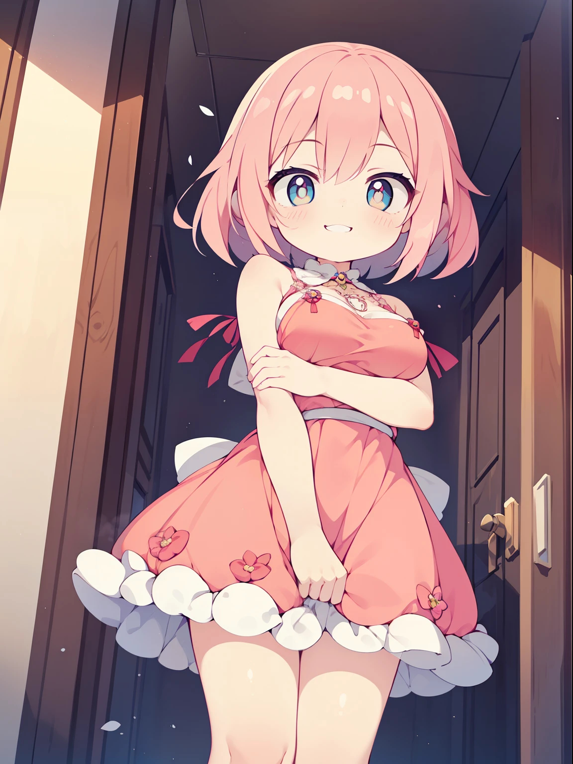 Anime girl in pink dress standing in doorway with hands on hips - SeaArt AI