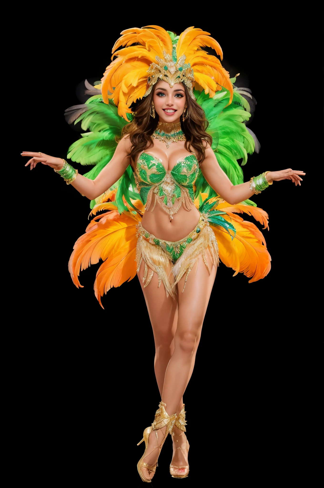 Brazilian women, group or carnival dancers in performance practice,  festival dance or Rio de Janeiro party. Portrait, happy smile or samba  girls in fashion clothes, sequence bras or feather headdress Stock Photo