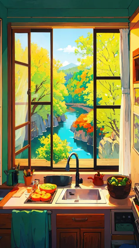 show full kitchen with vegetables, river and tree view from window, vibrant colors, sparkling, highly detailed, highly sharpened...