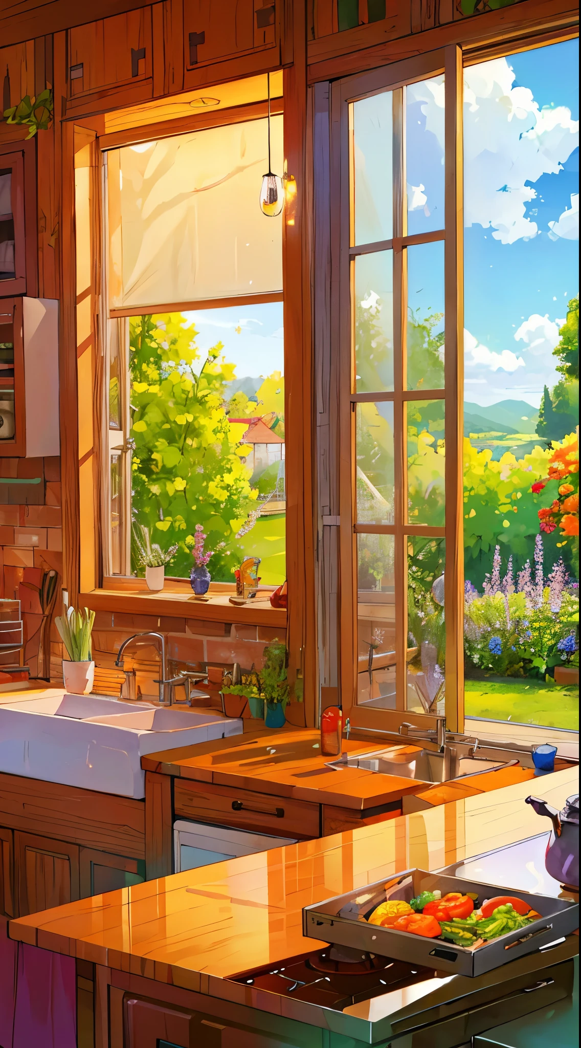 Kitchen with vegetables, flower park and trees view from window, sparkling, vibrant colors ,highly detailed, highly sharpened, masterpiece quality