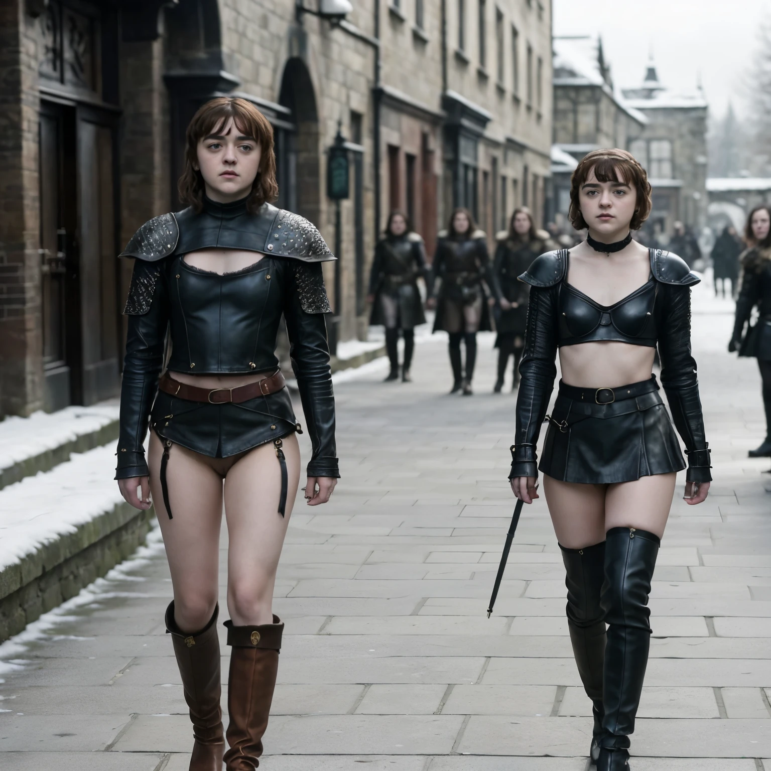 Two women in leather outfits walking down a street with swords - SeaArt AI