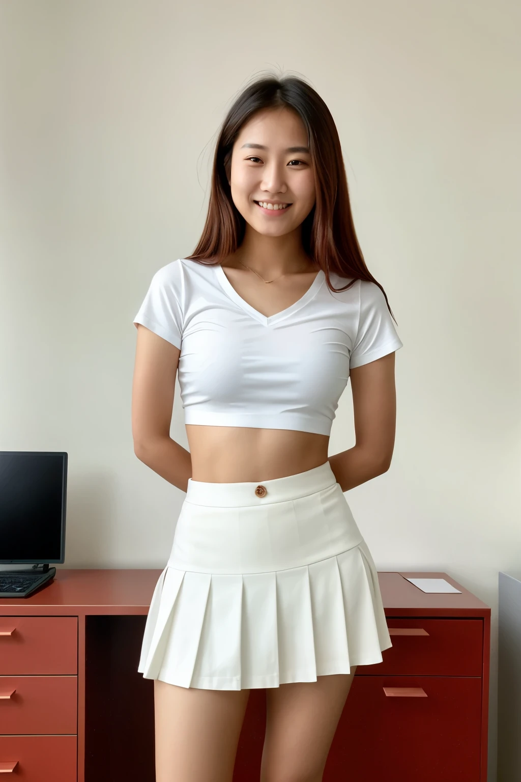 A close up of a woman in a white shirt and a white skirt - SeaArt AI