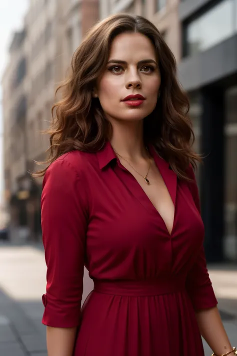 Beautiful woman, Hayley Atwell, dancing, wearing a red maxi dress, beautiful legs, (long curly hair), detailed eyes, (detailed r...