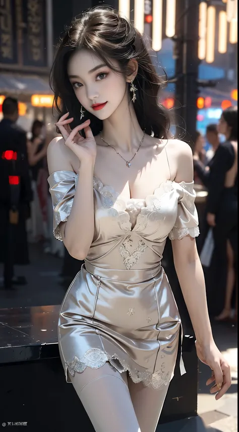 short sleeves,off shoulder, dress, ((knee shot)), 8k, masterpiece, original photo, best quality, detail:1.2),lifelike, Extremely detailed CG unified 8k wallpapers, depth of field, film light, lens flare, Ray tracing, (extremely beautiful face, beautiful li...