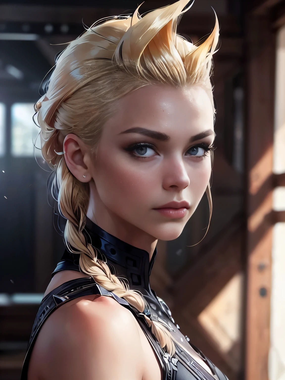 best quality, masterpiece, 
(photorealistic:1.25),
portrait photo of adult female, (highly detailed face),
norse mythology,
french_braid mohawk, blonde hair,
sharp details, (high detail skin),
skin pores,
hdr, professional  studio photography