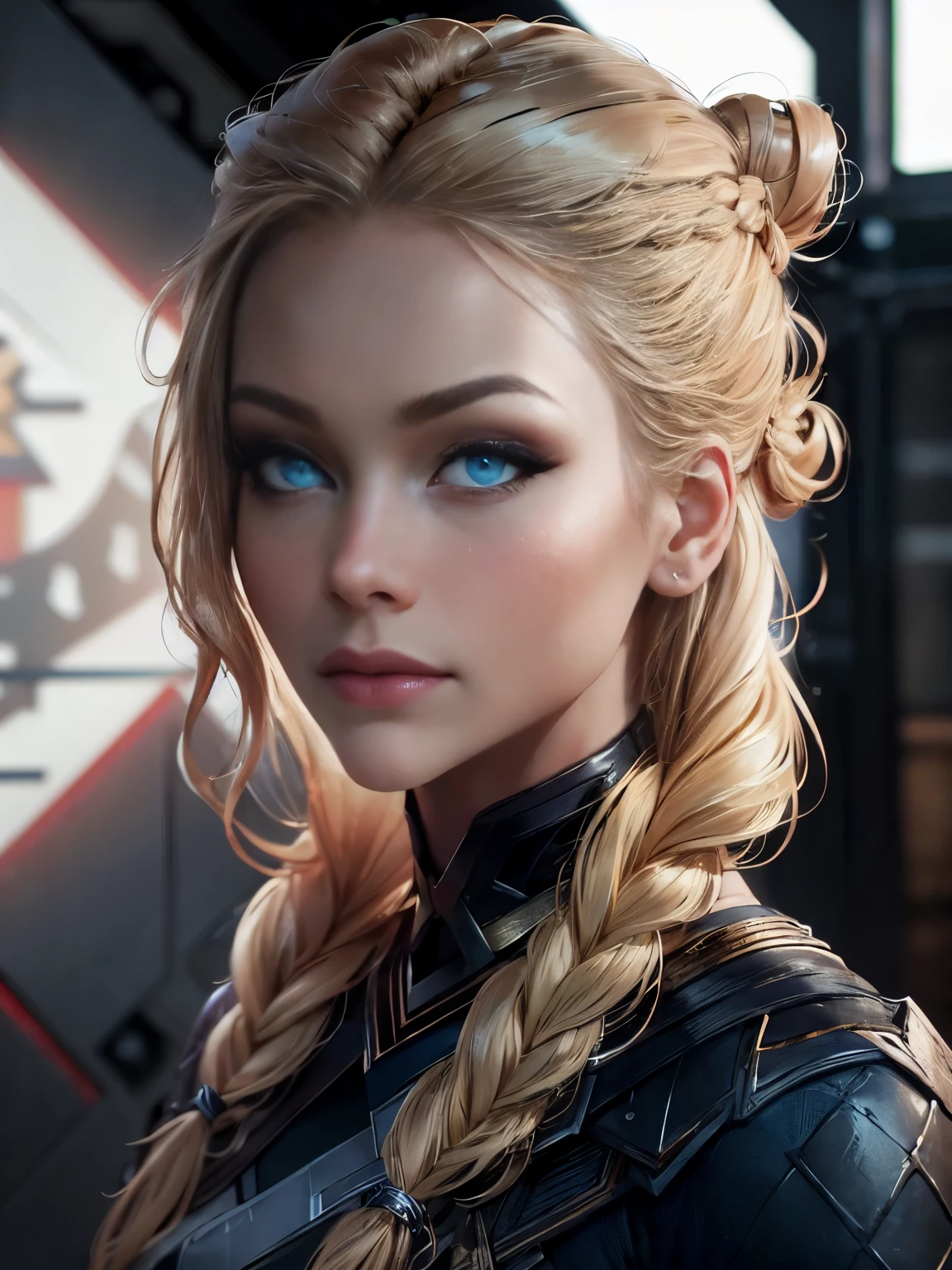 best quality, masterpiece, 
(photorealistic:1.25),
portrait photo of adult female, (highly detailed face),
norse mythology,
french_braid top bun, blonde hair,
sharp details, (high detail skin),
skin pores, blue eyes,
hdr, professional  studio photography