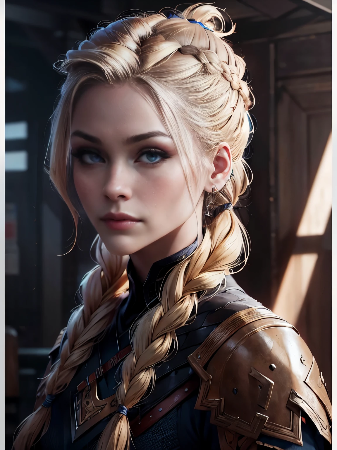 best quality, masterpiece, 
(photorealistic:1.25),
portrait photo of adult female, (highly detailed face),
norse mythology,
french_braid top knot, blonde hair, viking hairstyle,
sharp details, (high detail skin),
skin pores,
hdr, professional  studio photography