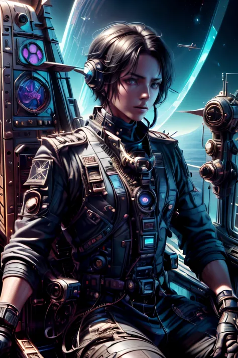 "science fiction, （male pilot:1.5) (short black hair:1.1) (Sit in the cockpit of an airplane:1.5), (Determined eyes:1.3) (Toned ...