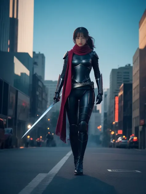 A woman in a black leather costume walking down the street with a sword, Park Shin Hye plays a super villain, IU Lee Ji Eun play...