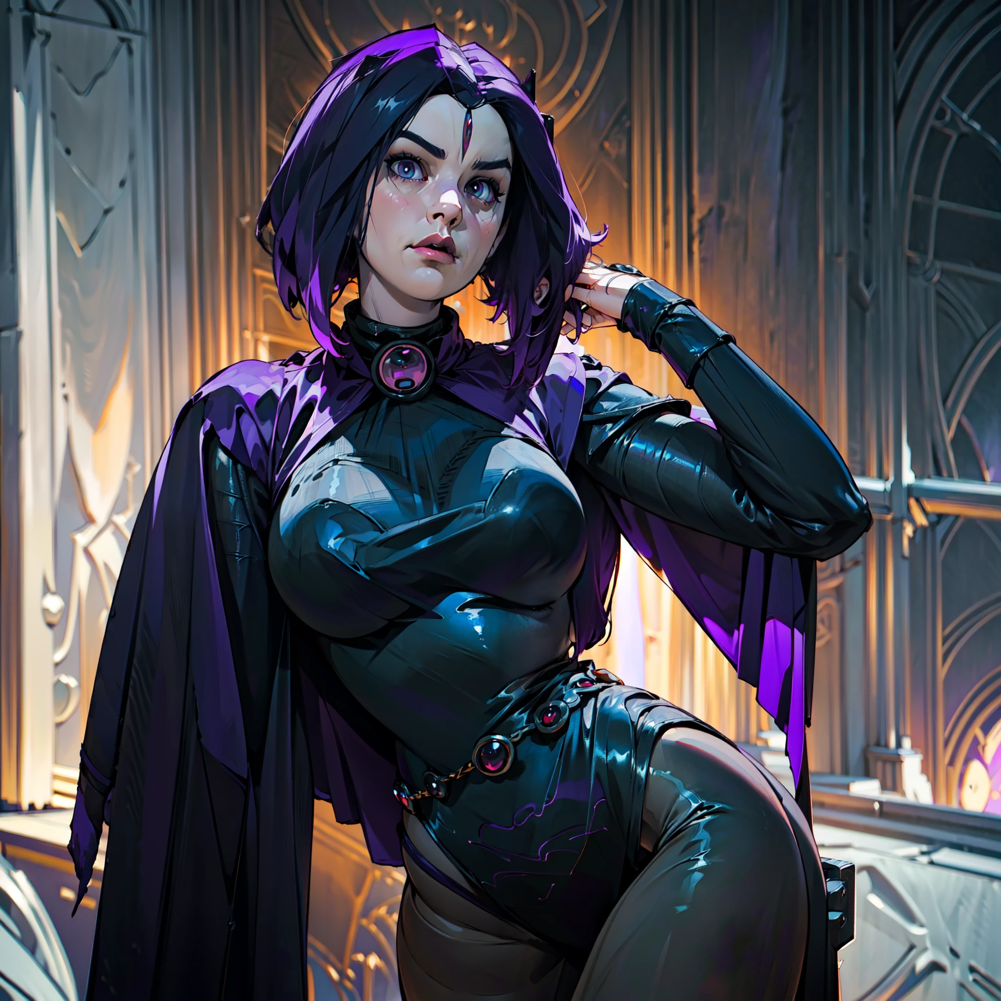 solo (((raven)cosplay))), hotraven, rvn (from DC comics), perfect face, detailed eyes, wide hips, cute seductive sensual perfect body, black leotard (((background can be seen gloomy place)), full body 8k, hyper realistic, ((( as Unreal Engine rendering))) (big breast) everything that looks like a 3d render (((on an empty background)))