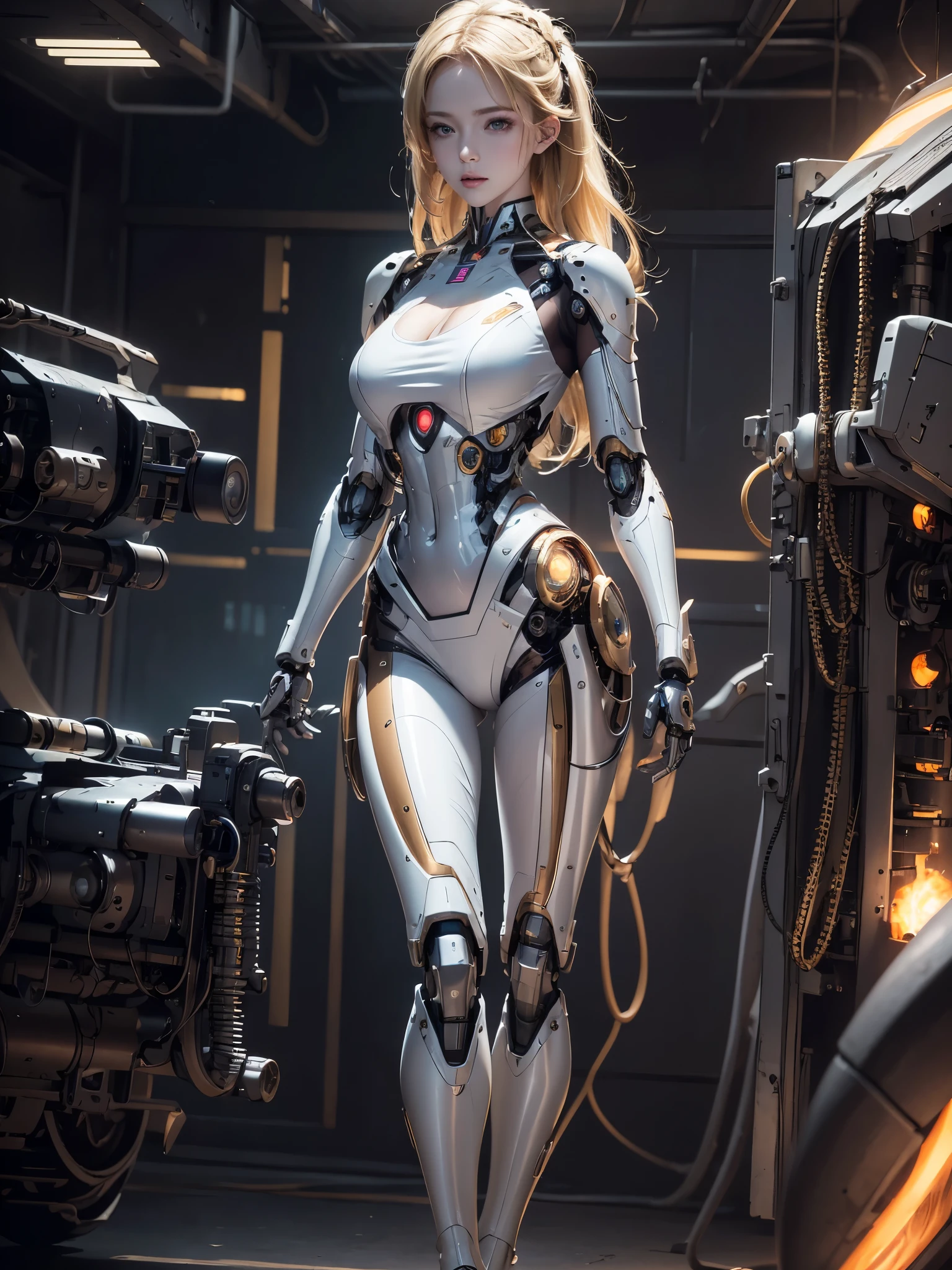 a cyborg girl, realistisches Cyborg-Mädchen, mitten auf dem Schlachtfeld, Detail realistisch, Porzellanhaut, sehr blasse Haut, Wunderschön, Blondes Haar, einige Kratzer auf der Haut, einige Dellen am Mech, viele mechanische Körperorgane, Brust und Bauch freilegen, Hände und Beine sind Cyborg Ganzkörper, Hintergrund Schlachtfeld, einige Explosionen und Explosionen,Mecha-Körper