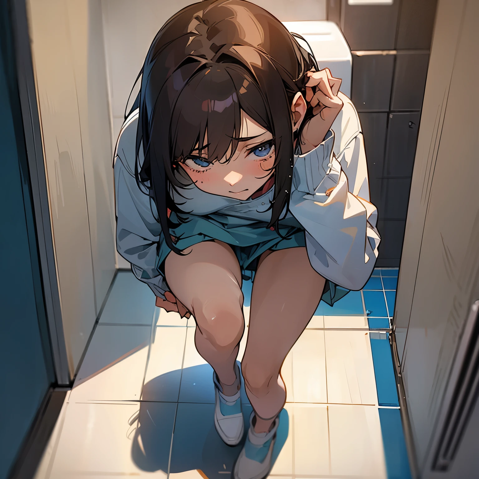 Anime girl sitting on a toilet in a bathroom with her legs crossed - SeaArt  AI