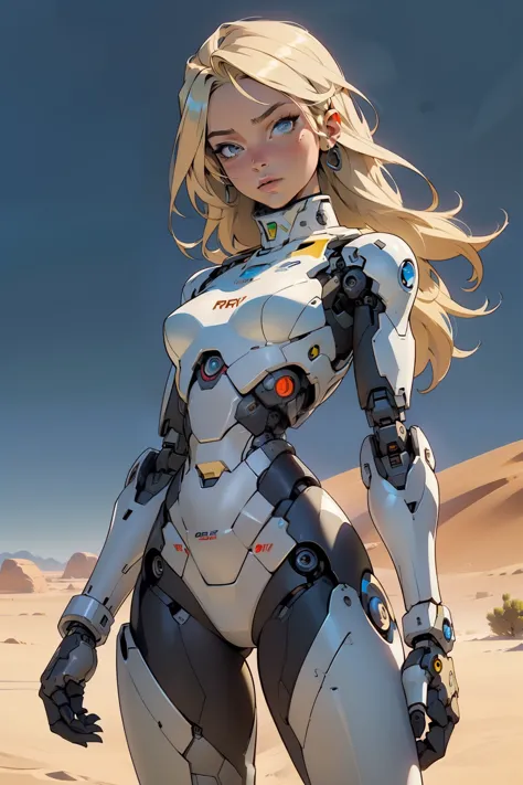 high quality, 4k, masterpiece, beautiful, cyborg girl, cowboy shot, dull eyes, looking at viewer, long blonde hair, girl, small ...