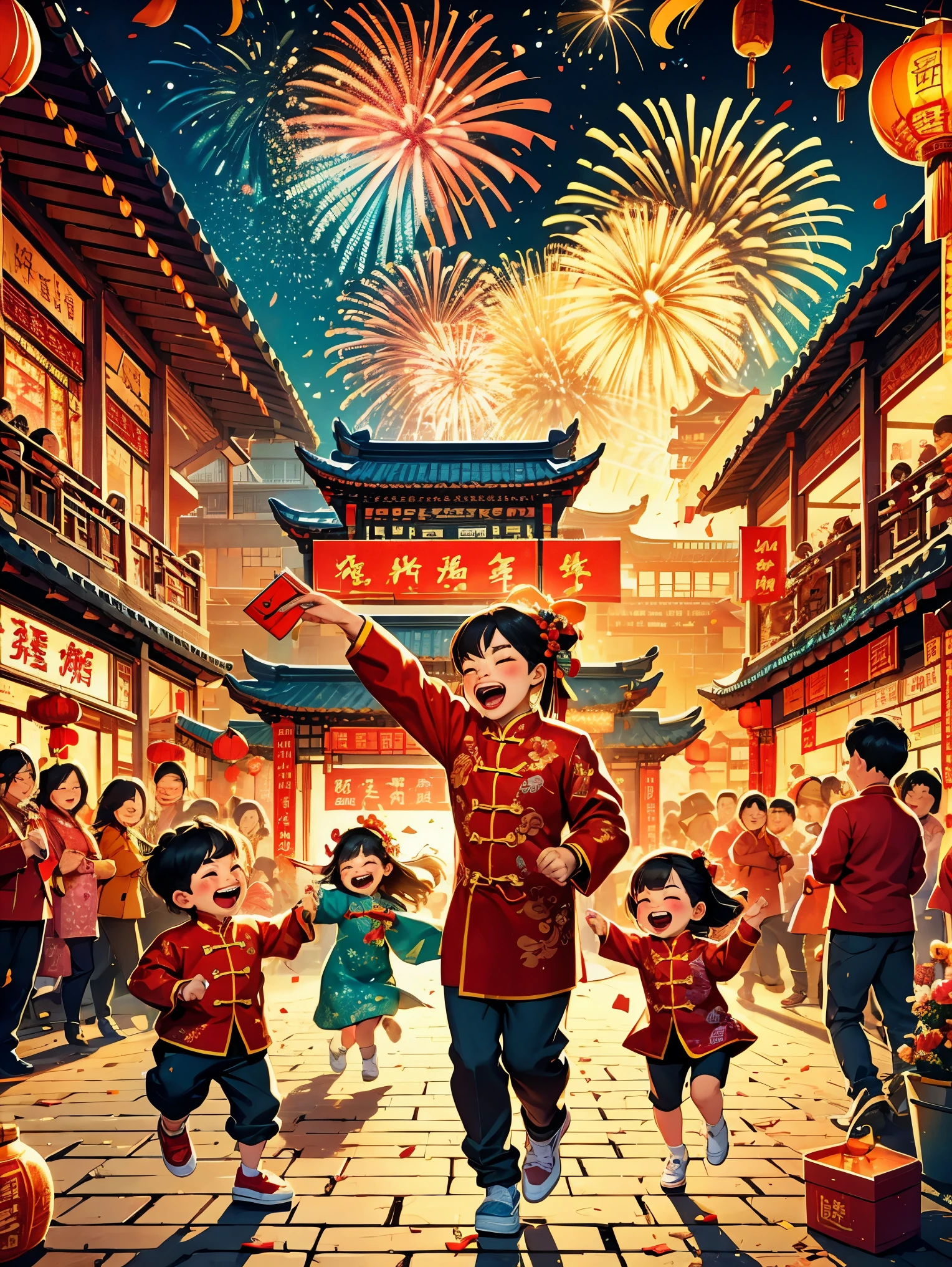 obra maestra, mejor calidad:1.2), vitalidad, alegría, estilo vectorial, ilustración, CNY, niños, Baile del dragón，fuegos artificiales, lantern, coplas, petardo, sobres rojos, arquitectura rural china, festivo, rico y colorido, ropa tradicional china, Decoración del Festival de Primavera, elementos culturales tradicionales, plaza de la ciudad，Saturación ultraalta，Vistoso, brillante, calidad súper alta, brillante