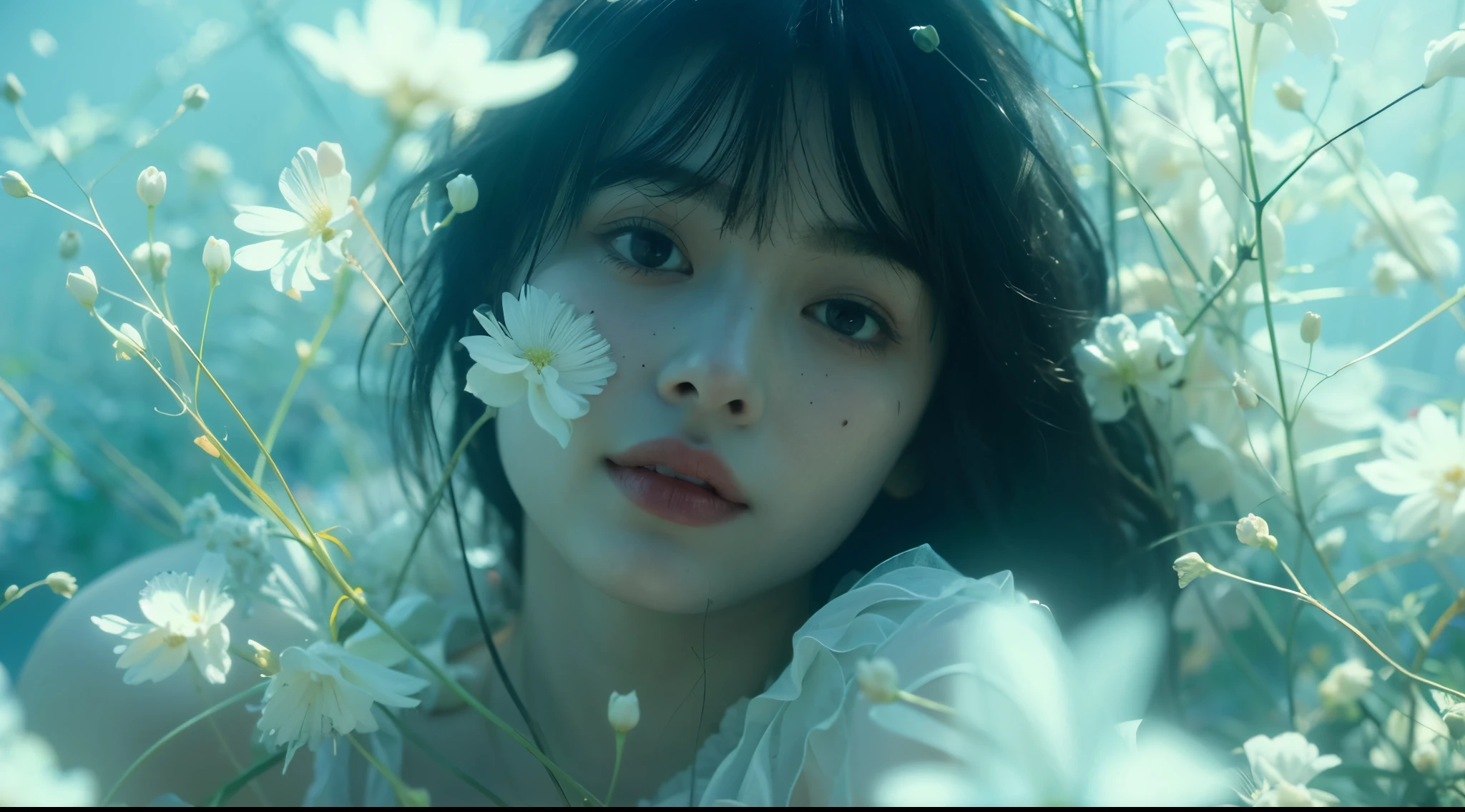 4m4nd4s-v2 woman, 1girl, flower, solo, black hair, realistic, looking at viewer, parted lips, lips,  mole, freckles, white flower, depth of field, bangs, short hair, nose realistic, soft lighting, professional Photography, Photorealistic, detailed, RAW, analog, sharp focus, 8k, HD, DSLR, high quality, Fujifilm XT3, film grain, award winning, masterpiece