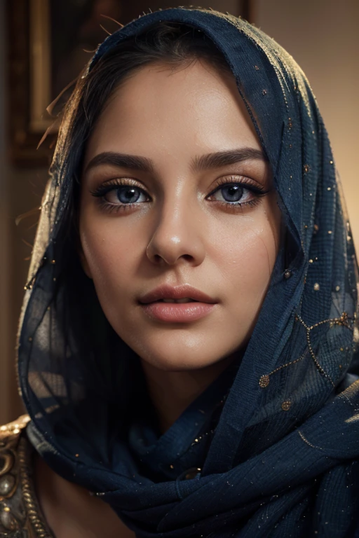 beautiful detailed eyes, beautiful detailed lips, extremely detailed eyes and face, longeyelashes, portrait ,impressive portrait ,highly-detailed portrait, realistic portrait:1.1, classic oil painting, ultra-fine painting, professional, soft lighting, gorgeous colors, warm color tones, women wearing Blue hijab

