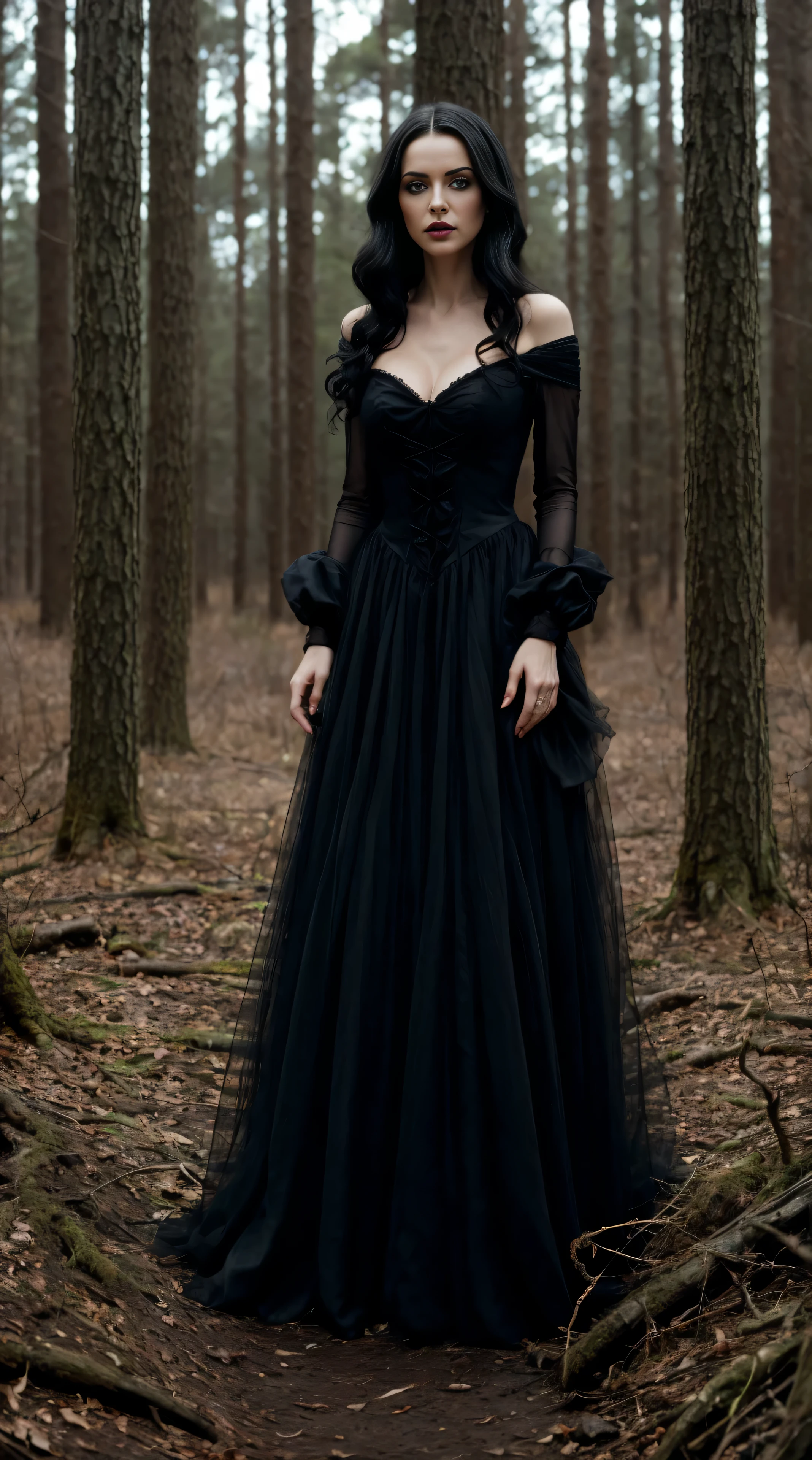 A woman in a black dress standing in a forest - SeaArt AI