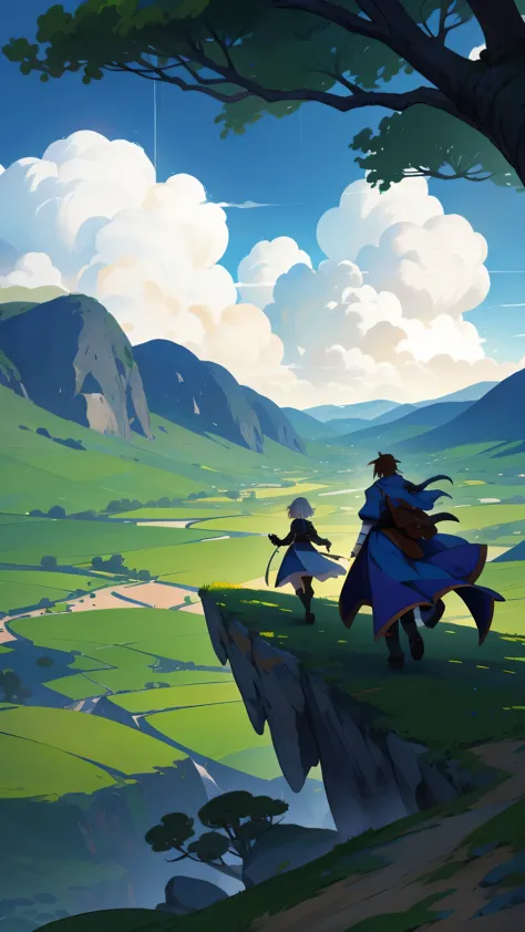 There is a cartoon picture，A man and a woman walking in the mountains, 2D concept art, RPG landscape, super giant game, Two-dime...