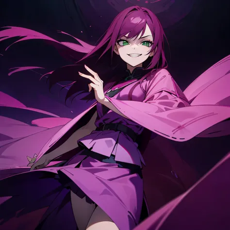 1 girl, dark pink hair, green eyes, beautiful girl, villain, grin, psycho, psycho smirk, straight hair, (((noble cloth))), short...