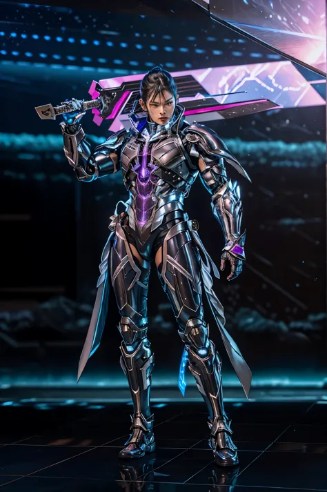 Close-up of a person wearing a suit and holding a sword, Cyber suit, Cyber combat shield, Sharp silver fuchsia leather armor, Cyber universe style, Cyber black, They wear cyber armor, As a character in Tekken, Japanese cyber style armor, Teak leather, This...