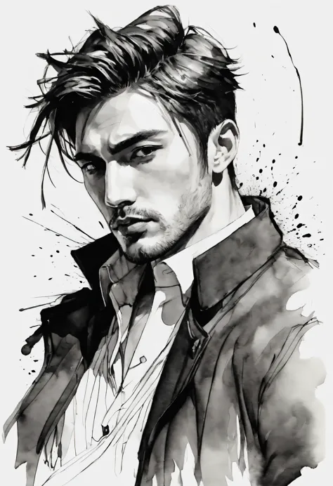 ink，exaggerated expression，handsome man character，ink，soil，Line outline，ink stain，ink stain