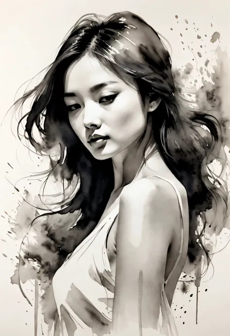 girl，ink painting，loose brushstrokes，pen outlines delicate lines，smooth movements，subtle ink tones，elegant gesture，calm expressi...