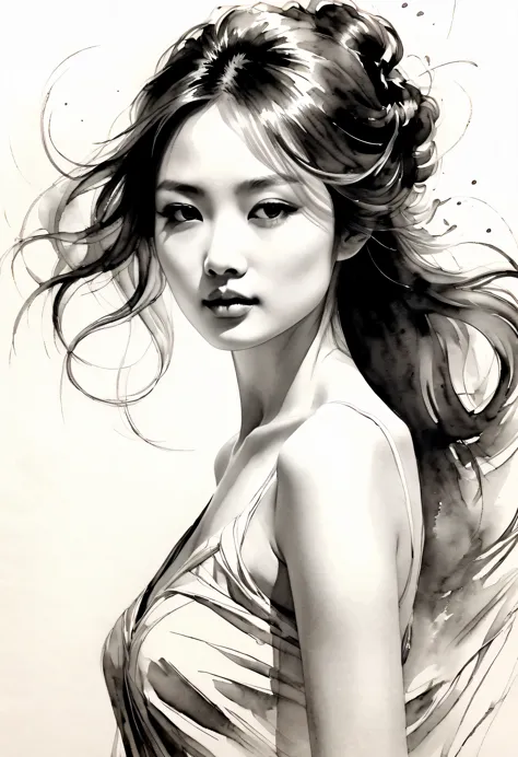 elegant girl，black and white水墨画，pen sketch，loose brushstrokes，pen outlines delicate lines，smooth movements，subtle ink tones，eleg...