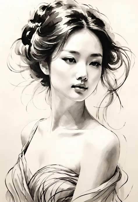 Elegant girl，black and white水墨画，pen sketch，Loose brushstrokes，Pen outlines delicate lines，Smooth movements，Subtle ink tones，eleg...