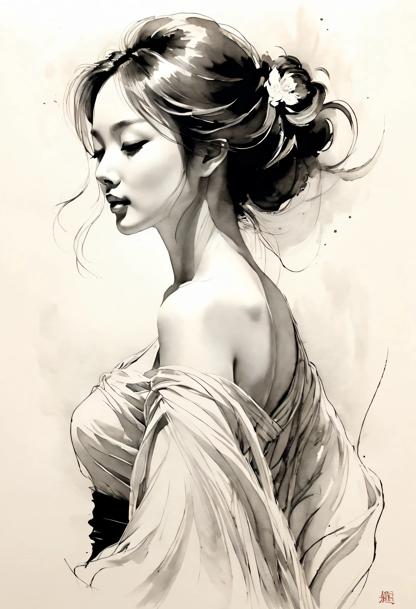 elegant girl，black and white ink painting，pen sketch，Loose brushstrokes，Pen outlines delicate lines，Smooth movements，Subtle ink tones，elegant gesture，calm expression，Exquisite facial features，black and white，Clean