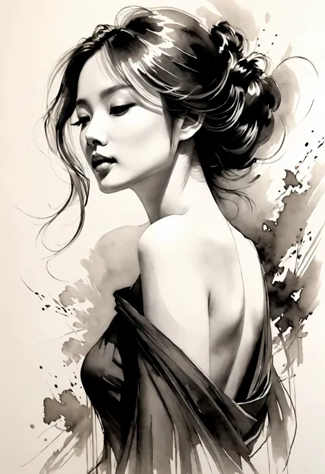 Elegant girl，black and white水墨画，pen sketch，Loose brushstrokes，Pen outlines delicate lines，Smooth movements，Subtle ink tones，eleg...
