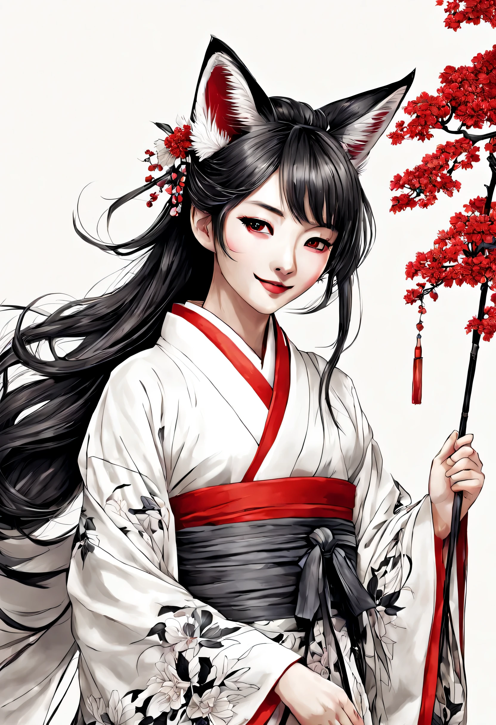 Belleza,Ancient Chino costume:kimono:Hermoso柄:del mismo modo,アジア系Belleza,Chino,cara perfecta:blanco粉,Rojoいアイライン,mirar de lado,sonrisa,lápiz labial,orejas de zorro,cola de zorro:nueve colas,fascinante,cuál,pelo atado:adornos para el cabello((bosquejo de tinta,bocina,dibujar con lineas)),((blanco,negro,Rojo)),estar familiarizado con,anatómicamente correcto,delicado,composición perfecta,obra maestra,zentangle,Hermoso,Pintura en tinta,Hermosocuálの姿絵をインクで描きます,cuálの正体はnueve colasの狐です,妖しくHermoso,blancoい背景に薄い墨で細かい模様を入れる,Rojoい桜