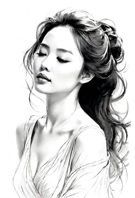 Elegant girl，black and white水墨画，pen sketch，Loose brushstrokes，Pen outlines delicate lines，Smooth movements，Subtle ink tones，eleg...