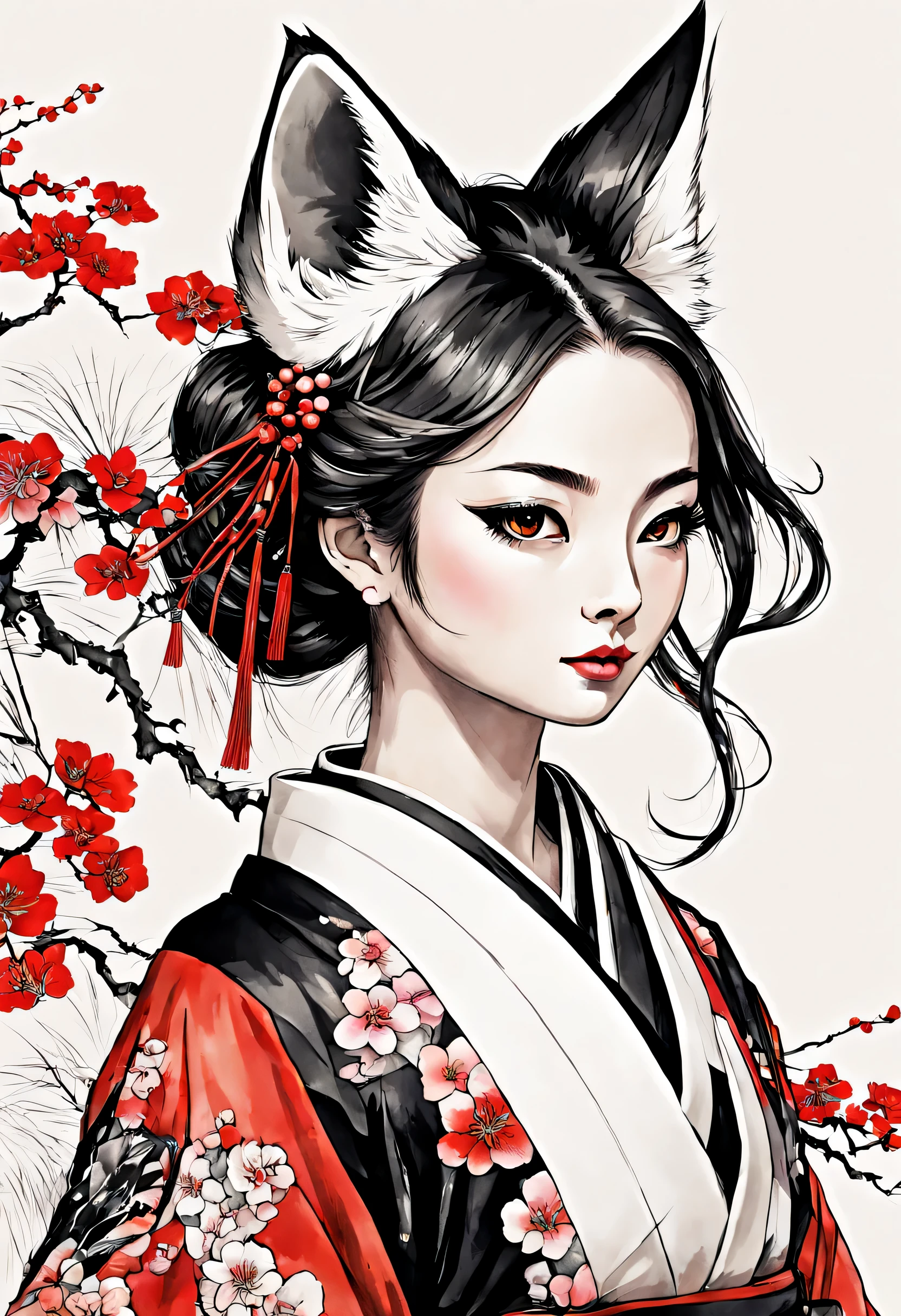 beauty,Ancient Chinese costume:kimono:beautiful柄:in the same way,アジア系beauty,Chinese,perfect face,fox ears,fox tail:Nine Tails,Bewitching,which one,((ink sketch,horn,Draw with lines)),((white,black,red)),be familiar with,anatomically correct,delicate,perfect composition,masterpiece,zentangle,beautiful,ink painting,beautifulwhich oneの姿絵をインクで描きます,which oneの正体はNine Tailsの狐です,妖しくbeautiful,whiteい背景:Add be familiar with patterns with thin ink,redい桜