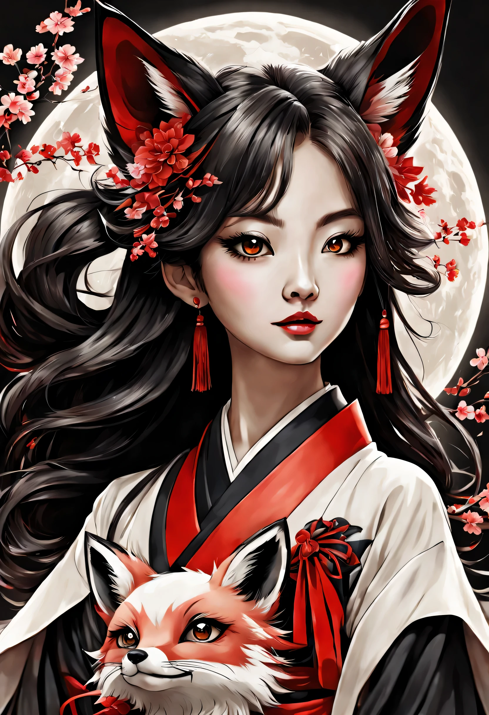 beauty,Ancient Chinese costume:kimono:beautiful柄:in the same way,アジア系beauty,Chinese,perfect face,fox ears,fox tail:Nine Tails,Bewitching,which one,((ink sketch)),((white,black,red)),tints,be familiar with,anatomically correct,delicate,perfect composition,masterpiece,zentangle,beautiful,ink painting,beautifulwhich oneの姿絵をインクで描きます,which oneの正体はNine Tailsの狐です,妖しくbeautiful,dark background:moon,