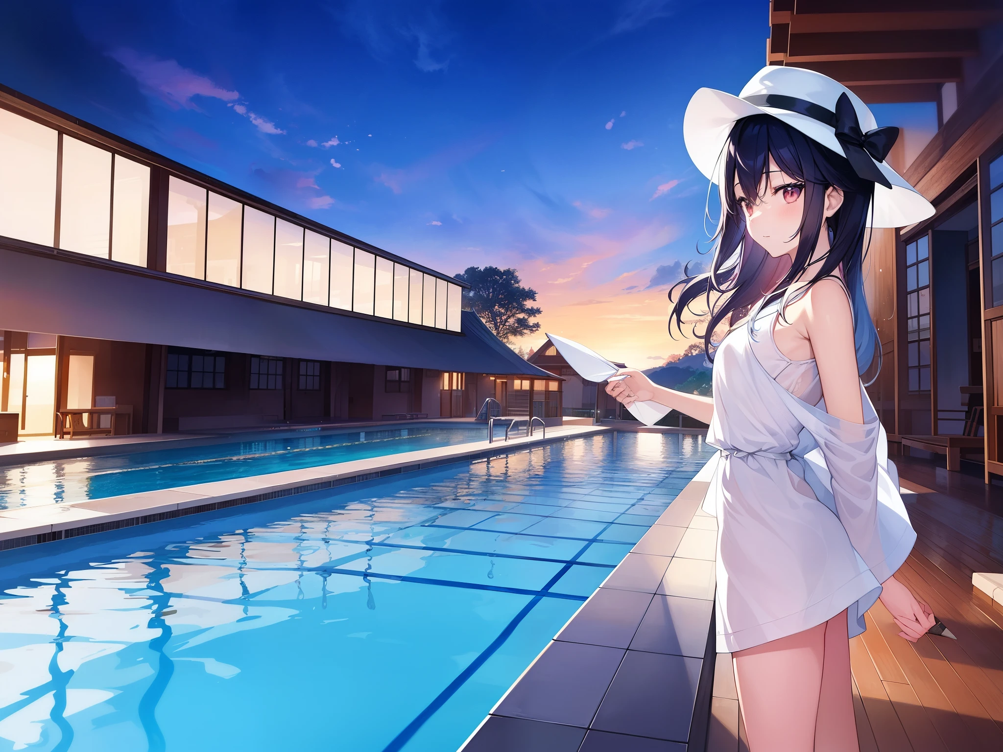 Anime girl in white dress and hat standing by a swimming pool - SeaArt AI